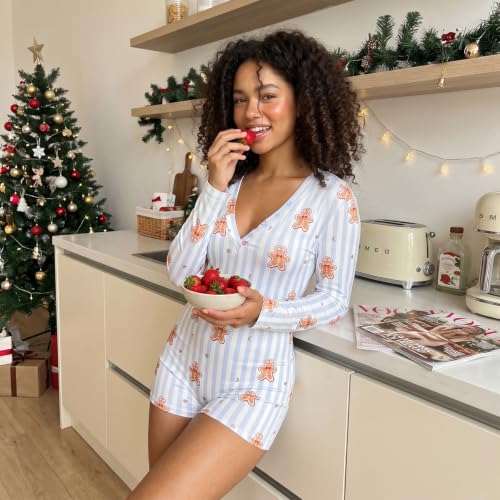Image of Women Christmas Shorts Romper Print Long Sleeve Deep V Neck Fitted Jumpsuit | Fashion sweet bow star striped romper, suitable for daily wear, festival, fall