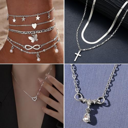 92 PCS Silver Plated Jewelry Set with 8 PCS Necklace, 19 PCS Bracelet, 44 PCS Stud Hoop Earring, 21 Pcs Knuckle Rings for Women Valentine Anniversary Friendship Gift2