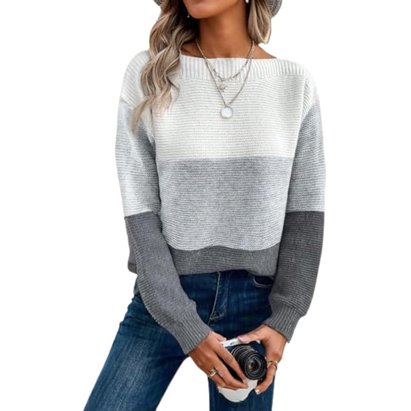 Women's Contrast Color Knitted Pullover Sweater with Round Neck for Autumn and Winter