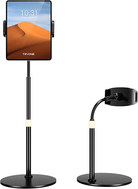 TRYONE Tablet Stand for Desk - Height Adjustable Tablet Holder, 360 Degree Rotating, Flexible Desktop Clamp Mount for iPad Pro Air Min, iPhone, Switch, Tabs, 4.7"-12.9" Screen Devices and All Phones