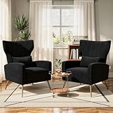 Luxanimarion Black Velvet Accent Chair Set of 2, Wingback Chair for Living Room, High Back Arm Chair with Golden Legs Lumbar Pillow, Upholstered Single Sofa Bedroom