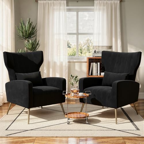 Luxanimarion Black Velvet Accent Chair Set of 2 Wingback Chair for Living Room High Back Arm Chair with Golden Legs Lumbar Pillow Upholstered Single Sofa Bedroom