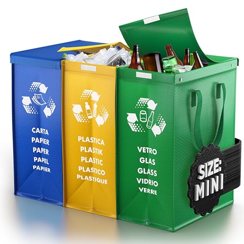 PTMS® Borse Raccolta Differenziata MINI con COPERCHIO - 3 Bidoni Differenziata da Interno ed Esterno per Carta, Plastica e Vetro - Set Bidoni per Raccolta Differenziata in Colore di Riciclaggio