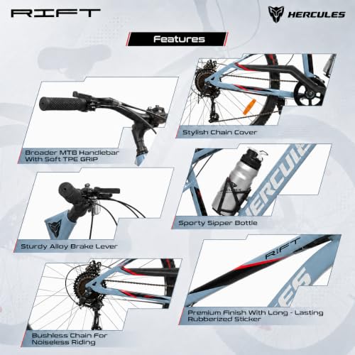 Image of Hercules Top Gear Rift FX DD MTB Cycle, 26T, Ice Grey with Red Graphics, Men, 24 Speed
