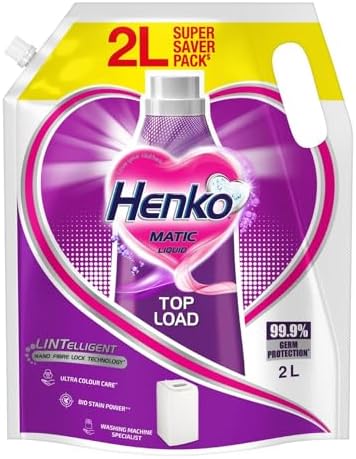 Henko Matic Top Load Liquid Detergent - 2L Refill Pouch with Nano Fiber Lock Technology, 99.9% Germ Protection, Bio Stain Power & Ultra Color Care which maintains the Newness, Color & Shine