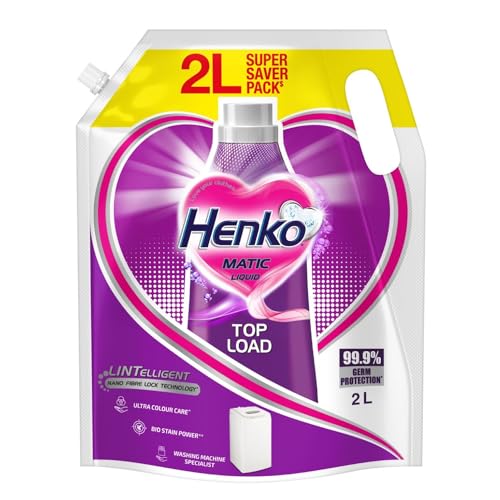 Henko Matic Liquid Detergent – Top Load 2L Refill Pouch, with Nano Fiber Lock Technology, 99.9% Germ Protection, Bio Stain Power & Ultra Color Care which maintains the Newness, Color & Shine.