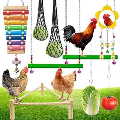 9 Pack Chicken Toys for Coop Accessories, Chicken Enrichment Toys with 2 Swing, 1 Wood Stand, 1 Xylophone, 1 Mirror, 2 Vegetable Net Bag, 2 Vegetable Fruits Hanging Fork