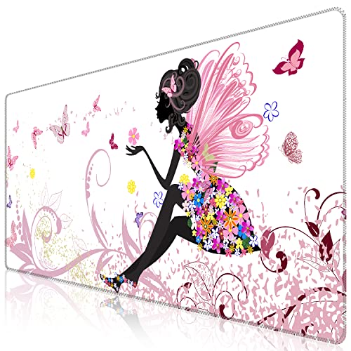 Image of iCasso Extended Gaming Mouse Pad (35.4x15.7 in), Large 3mm Non-Slip Rubber Base Mousepad with Stitched Edges, Waterproof Keyboard Mouse Mat Desk Pad for Work, Game, Office, Home - Butterfly Girl
