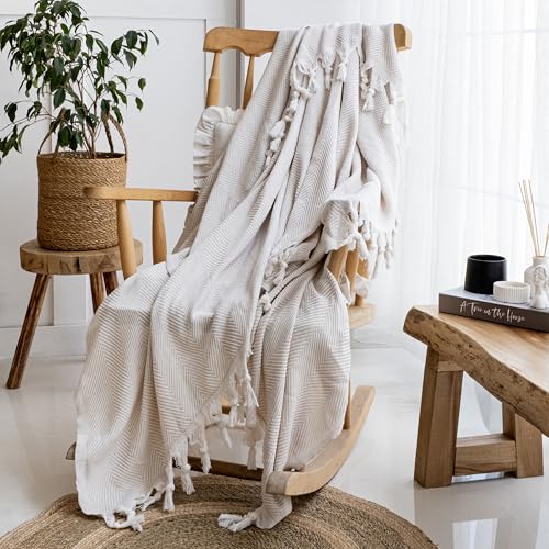 Milam London Cotton Throws For Sofa | Herringbone Throw | Bed Throws Double Size | Cotton Blanket | Settee Throws | 170 x 230 cm - Beige - Cosy Home Interiors Milam London Cotton Throws For Sofa | Herringbone Throw | Bed Throws Double Size | Cotton Blanket | Settee Throws | 170 x 230 cm - Beige - Image 2