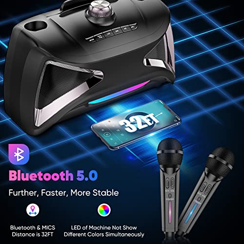 Karaoke Machine, Hokseack Portable Pa Speaker System Bluetooth 5.0 With 2 Uhf Wireless Microphones, 7 Colors Led Light With Bass, Tv/Aux/Usb/Sd, Rechargeable, Best Gift For Adults/Kids, Girls/Boys #TOP3