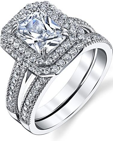 Metal Masters 2 Carat Emerald-cut Sterling Silver 925 Double Halo Cubic Zirconia Wedding Engagement Ring Bridal Set