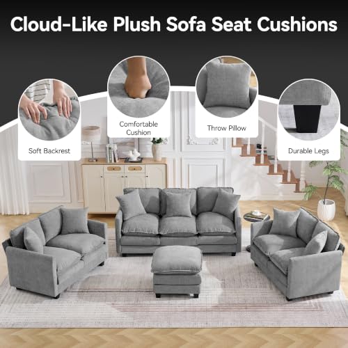 Image of 30'' Cloud Single Couch with Ottoman, Cloud Sofa with Throw Pillow, Modern 1 Seater Reading Chair with Deep Seat, Accent Chairs for Living Room, Bedroom, Small Apartment, Light Grey