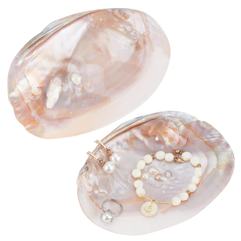 NBEADS 2 Pcs Natrual Shell Jewelry Dish Tray, Handcrafted Trinket Displays Dish Stand Decorative Seashell Bracelet Pendant Ring Organizer for Home