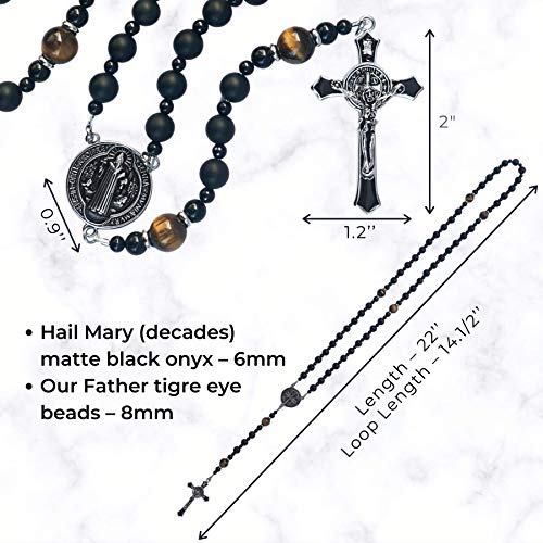 St Benedict Black Rosary Beads Catholic – Rugged Onyx Rosary – Handcrafted Stone Antique Rosary with Stainless Steel St Benedict Crucifix and Medal - Rosarios Catolicos para Hombre4