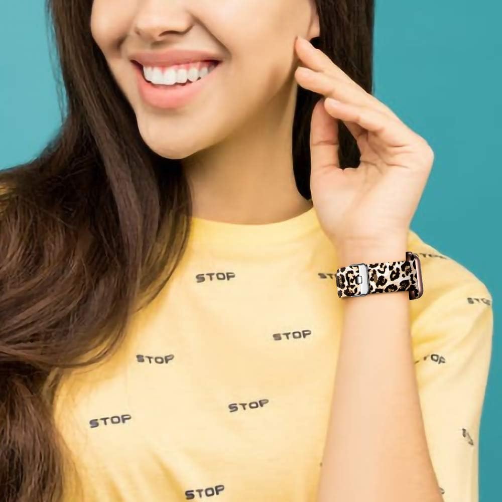 Easuny Leopard Band Compatible with Apple Watch SE 44mm 42mm Women - Floral Soft Pattern Printed Cute Fadeless Silicone Replacement Wristband for iWatch Series 6 5 4 3 2 1 Girls,Leopard,S/M