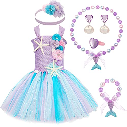 Bestomrogh Meerjungfrau Kleid für Mädchen, Tüll Prinzessin Kleid Meerjungfrau Kostüm mit Meerjungfrauen Flosse Kinder Schmuck Set für Geburtstag Party Karneval( 5 bis 6 Jahre ) Cover