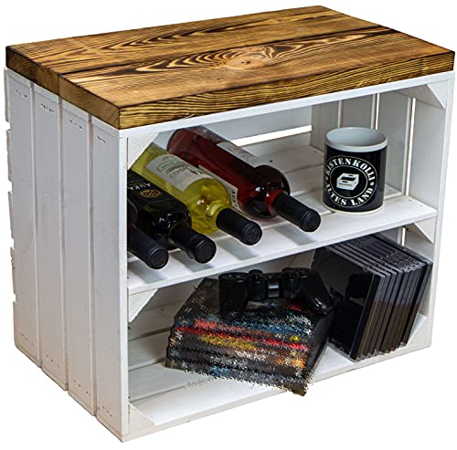 Sitzkiste Johanna Obstkiste und massiven Holzplanken Schuhablage Schuhkommode Hocker Sitzbank Holzbank Regalkiste aus Holz Maße 50 x 30 x 43cm L x T x H (Weiss / geflammt / geflammt)