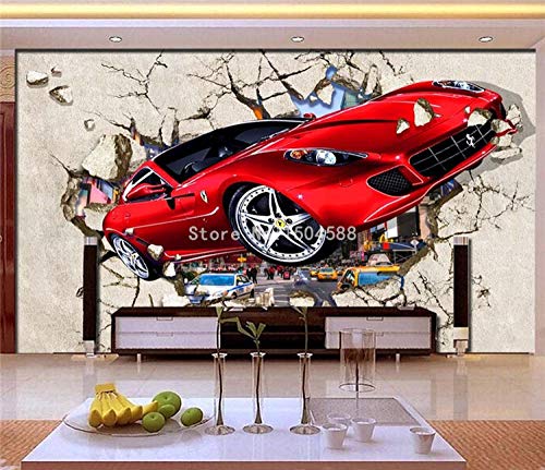 Mural 3D rouge voiture pour décorer un salon de style moderne