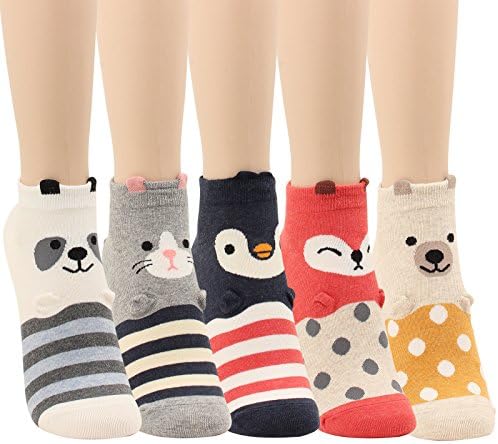 WOWFOOT Animal Zoo Casual Cute Fun Cotton Print Ankle Socks Design (Smile Animal - 5 pairs), One Size