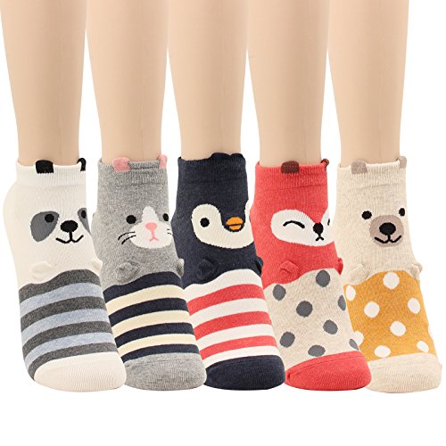WOWFOOT Animal Zoo Casual Cute Fun Cotton Print Ankle Socks Design (Smile Animal - 5 pairs), One Size