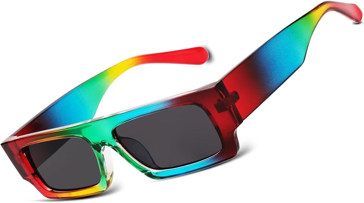 Rectangle Sunglasses, 90s Small Vintage Narrow Square Sunglasses for Men Women Trendy Classic Shades Sun Glasses