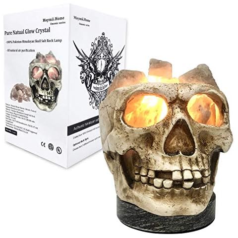 3D White Gray Grey Black Himalayan Salt Lamp Lights, Tatoo Halloween Skull Carved Statue Lamp Night Light with Himalayan Gray White Salt Chunks, Dimmer Switch Control with 1 Salt Candle Holder Cover
