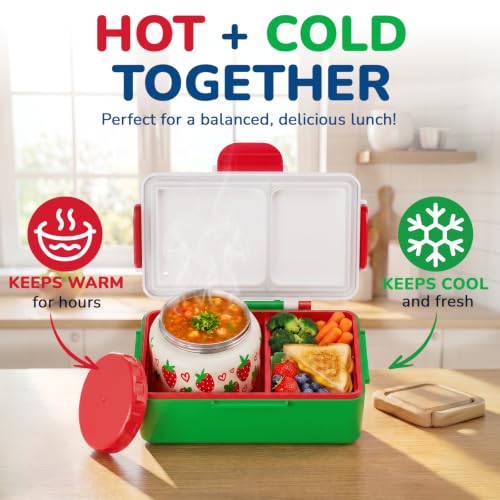 Image of Bento Lunch Box for Kids-3 Compartment Leak Proof Insulated Lunch Container | Strawberry Design Lunch Box-With 12oz Stainless Steel Food Soup Jar & Built-in Ice Pack Bento Box for Boy Girls School Travel