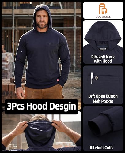 Image of BOCOMAL FR Hooded T Shirts Utility Pocket Fire Resistant Summer Hoodie CAT2 | 6oz Midweight Flame Retardant Cotton Hoodies,Kangaroo /Button Pocket,NFPA2112,Rib-Knit Cuffs,FRC Welding Arc Rated Work Shirt