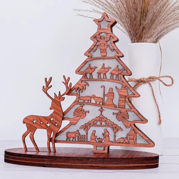 3D Christmas Wooden Nativity Scene Book Display With Light, Nativity Sets for Christmas Indoor, Nativity Set with Figures for Tabletop, Scene Decorations with LED Light for Shelves Decorations. (B)