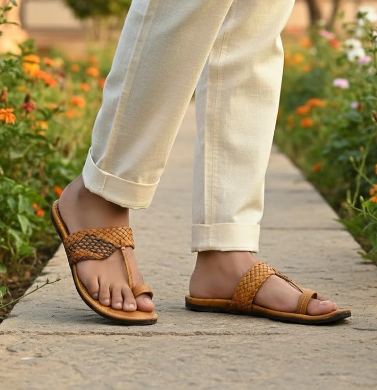 Image of Agadi Handcrafted Men's Tan Vegan Leather Kolhapuri Chappals - Traditional Ethnic V-Strap Sandals with Braided Detail and Iconic Pointed Toe (Tok)