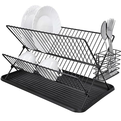 Retoo Escurreplatos, Escurridor Plegable, Estante de Platos de Cocina, Secador de Platos, Soporte para Utensilios, 2 Niveles, Soporte para Cubiertos, Tazas, Tablas