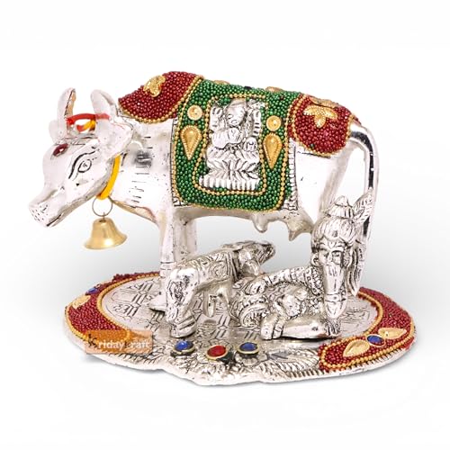 Image of KridayKraft Kamdhenu Cow,Calf with Bal Gopal Krishna Metal Statue for Good Luck,Feng Shui As Table Top Figurine,Vastu,Religious Gau MATA Idol Home,Office&Table Decorative,Animal