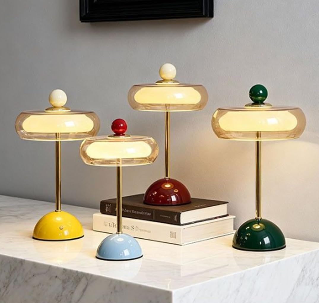 Moderne Tischlampe aus Glas und Metall retro buntes Design Nachttischlampe mit dreifarbigem Licht USB-Anschluss 18x34cm für Schlafzimmer Wohnzimmer Büro,Rot
