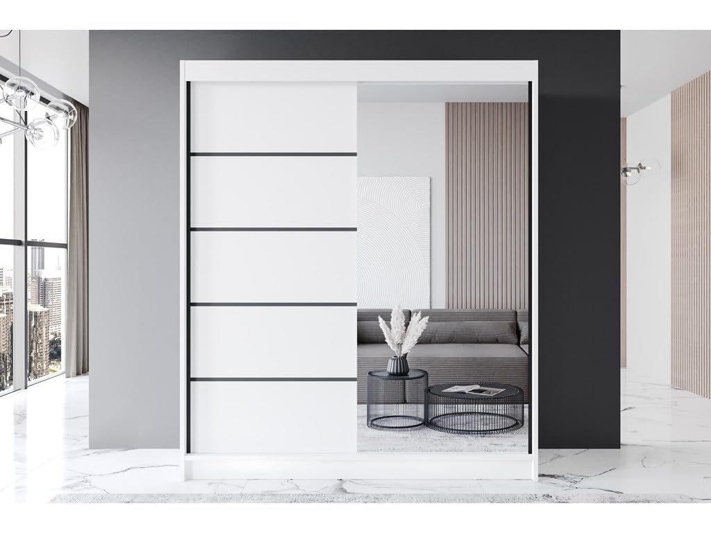 P3 180 cm Weiß Schiebetüren Kleiderschrank 180x215x58 cm mit Spiegel - Schlafzimmermöbel, Aufbewahrung - Mehrzweckschrank