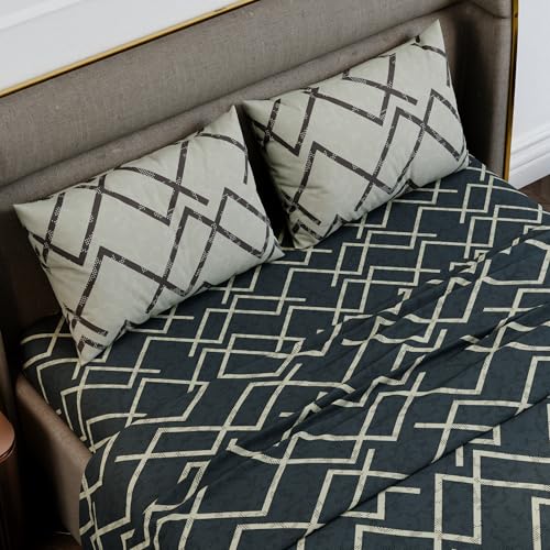 Image of Stoa Paris 100% Cotton King Size Bedsheet with 2 Pillow Covers, 180TC Printed Bedding Set, Breathable, All-Season Comfort, Soft & Lightweight, Home Decor, Urbanscape - Slate Lattice (228cm x 274cm)