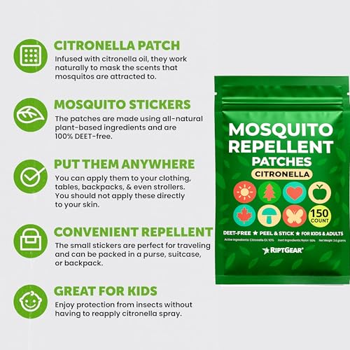 riptgear mosquito patches - 150 pack of mosquito stickers for kids and adults natural mosquito sticker citronella patch sticks to any surface - deet free