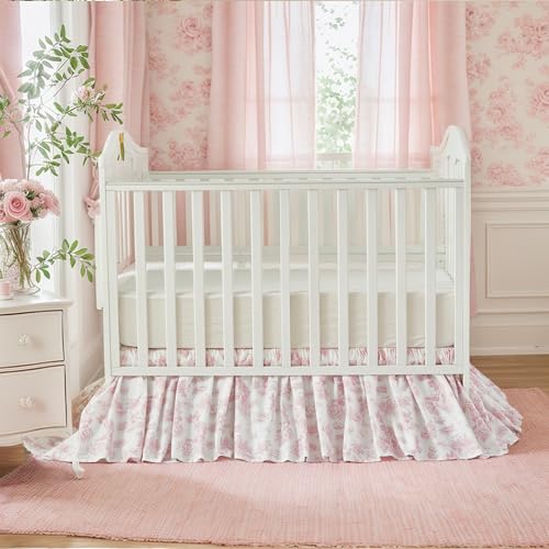 Image of Brandream French Country Toile Cotton Crib Skirt Toddler Bedskirt Dust Ruffle Baby Nursery Crib Bed Skirt Boho Bohemian Vintage Pink Floral Print Farmhouse Chic Ruffles Skirt