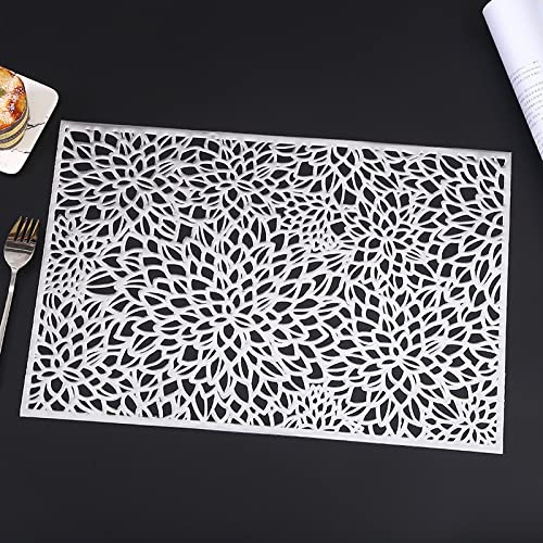 Hosoncovy 4 Pack Decorative Rectangle PVC Placemats Flower Placemats Hollow Dining Table Place Mats Heat Resistant Non-slip Dining Placemats Table Mats for Home Kitchen Wedding (Silver) - Image 3