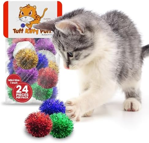 Tuff Kitty Puff Kats' N Us Cat Toy - Mini Size 1 Inch - Sparkle Ball Cat Toys - Glitter Assorted Colors (Pack of 24)