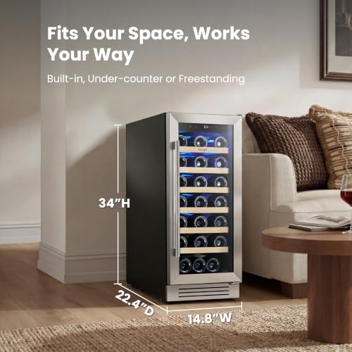 Image of Yeego 15 Inch Wine Fridge - 33 Bottles Wine Cooler with Glass Door, 40-65F Built in Under Counter Freestanding Wine Refrigerator with Adjustable Shelves for Home Bar Office Kitchen
