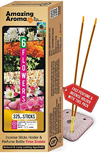 Parag Fragrances 6 Flowers Incense Sticks (Rajnigandha, Marigold, Raat Rani, Parijat, Lily & Orchid) / Offer Pack of 325gm Agarbatti with 2pc Perfumes and 1pc Incense Holder