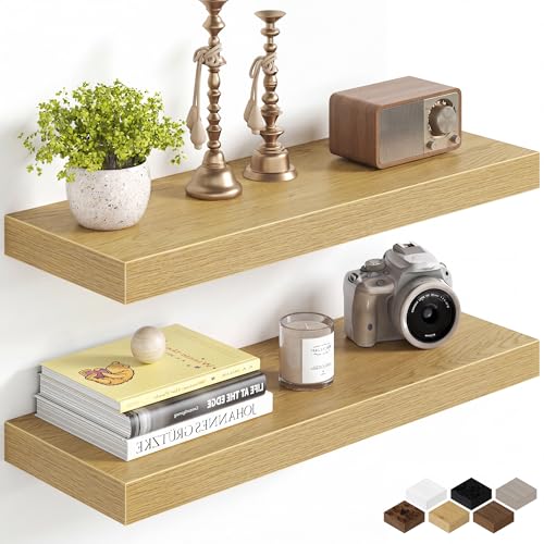 Image of Fun Memories 24Inch Floating Shelves for Wall, 8 Inch Deep Shelves for Bathroom|Bedroom|Kitchen Wall Mounted, Wood Hanging Shelf with Invisible Brackets for Home Storage Decor, Oak - 2 Pack
