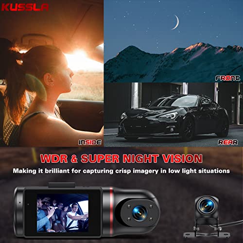 3 Channel Dash Cam Front And Rear Inside, Kussla Fhd 1080P Dash Camera For Cars With Sd Card, Rotatable Dashcam For Cars, Car Camera With Super Night Vision, G-Sensor, Wdr, Loop Recording(2023 New) #TOP4