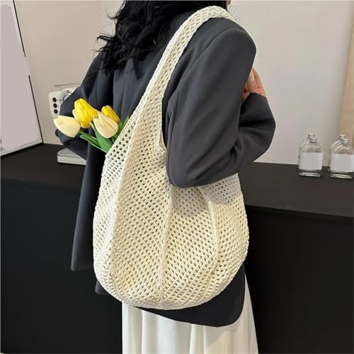Women's Knitted Crochet Tote, Large Hollow Out Solid Color Woven Shoulder Bag, Summer Beach Mesh Bag for Café, Beach(White)4
