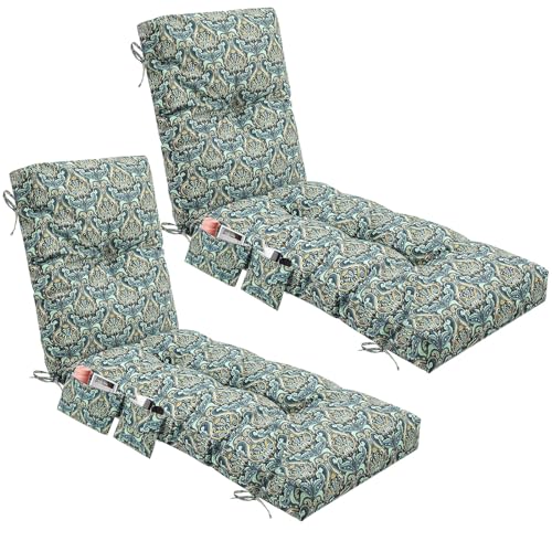Kigley 2 Pcs Outdoor Chaise Lounge Cushions with Side Pocket 76x22x6 Thick Tufted Waterproof Patio Pool Lounge Chair Replacement Cushion Cyan Paisley Fade Resistant for Furniture Lawn