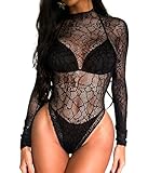 Buitifo Damen Body Einteiler Babydoll Netz-Top Shirts Dessous Bodys Rave-Outfits(Schwarz 3,M)