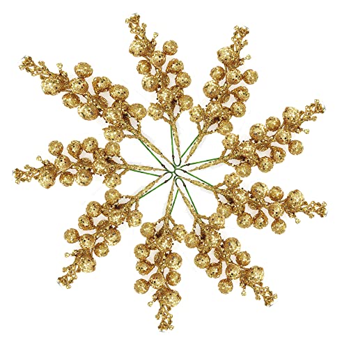 Image of Ulalaza 9pcs 7.8Inch Christmas Glitter Berries Stems Artificial Christmas Picks for Christmas Tree Ornaments, DIY Xmas Wreath, Crafts, Holiday and Home Decor, Gold