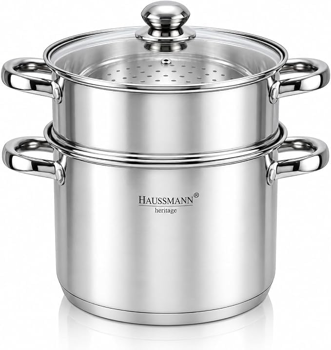 HAUSSMANN HERITAGE - Couscoussier Inox 16L(Ø 28cm) - Faitout 3 Pièces avec Panier Vapeur & Semoule - Triple Fond Induction & Lave-vaisselle - Sans PFOA - Couvercle Verre