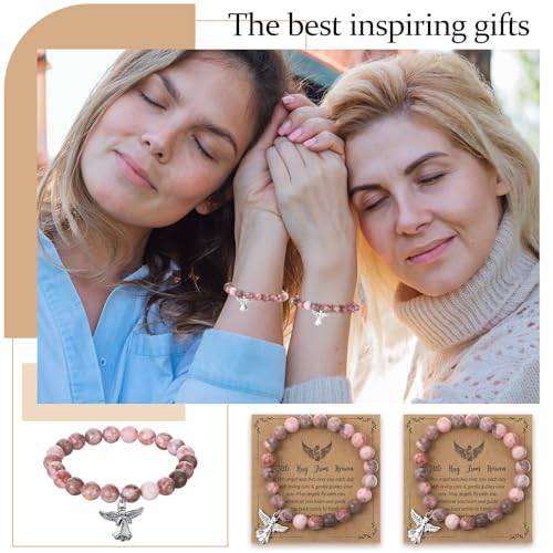 Quelay 12 Set Angel Bracelet Gifts with Greeting Card and Organza Bag Inspirational Pink Natural Stone Bracelets Encouragement Spiritual Jewelry Gifts for Women Faith Birthday Memorial Sympathy3