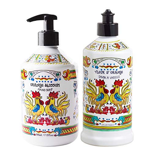 World Market Deruta Orange Blossom Liquid Hand Soap and Liquid Dish Soap - Soap Dispenser with Pump for Kitchen Sink and Bathroom - 2-Piece Soap Dispenser Gift Set, 17 fl. oz each